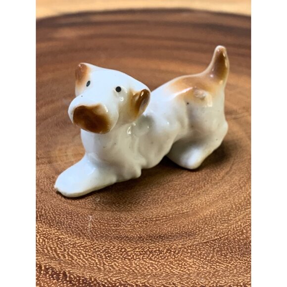 Vintage Miniature Porcelain Dog Figurine Handcrafted with Brown & White Glaze - Picture 1 of 8